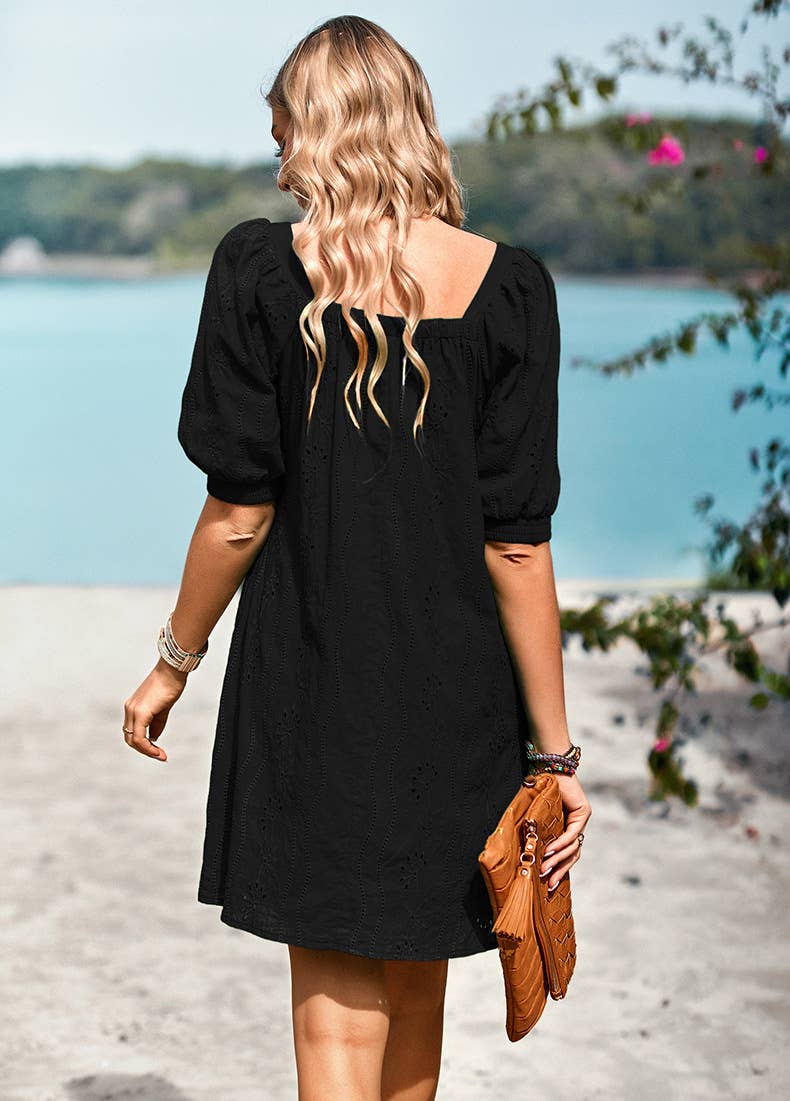 ELEGANT JACQUARD SHORT DRESS WITH SQUARE NECK