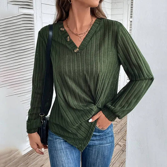 LONG SLEEVE SOLID COLOR V NECK SWEATER_CWOSWL2085