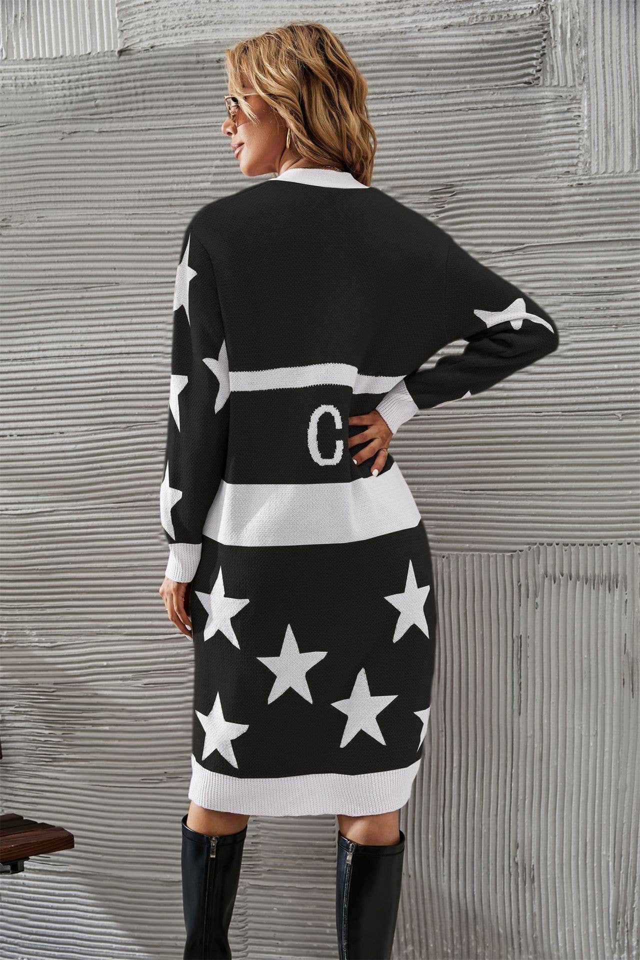 Five-pointed star long printed knitted coat for women