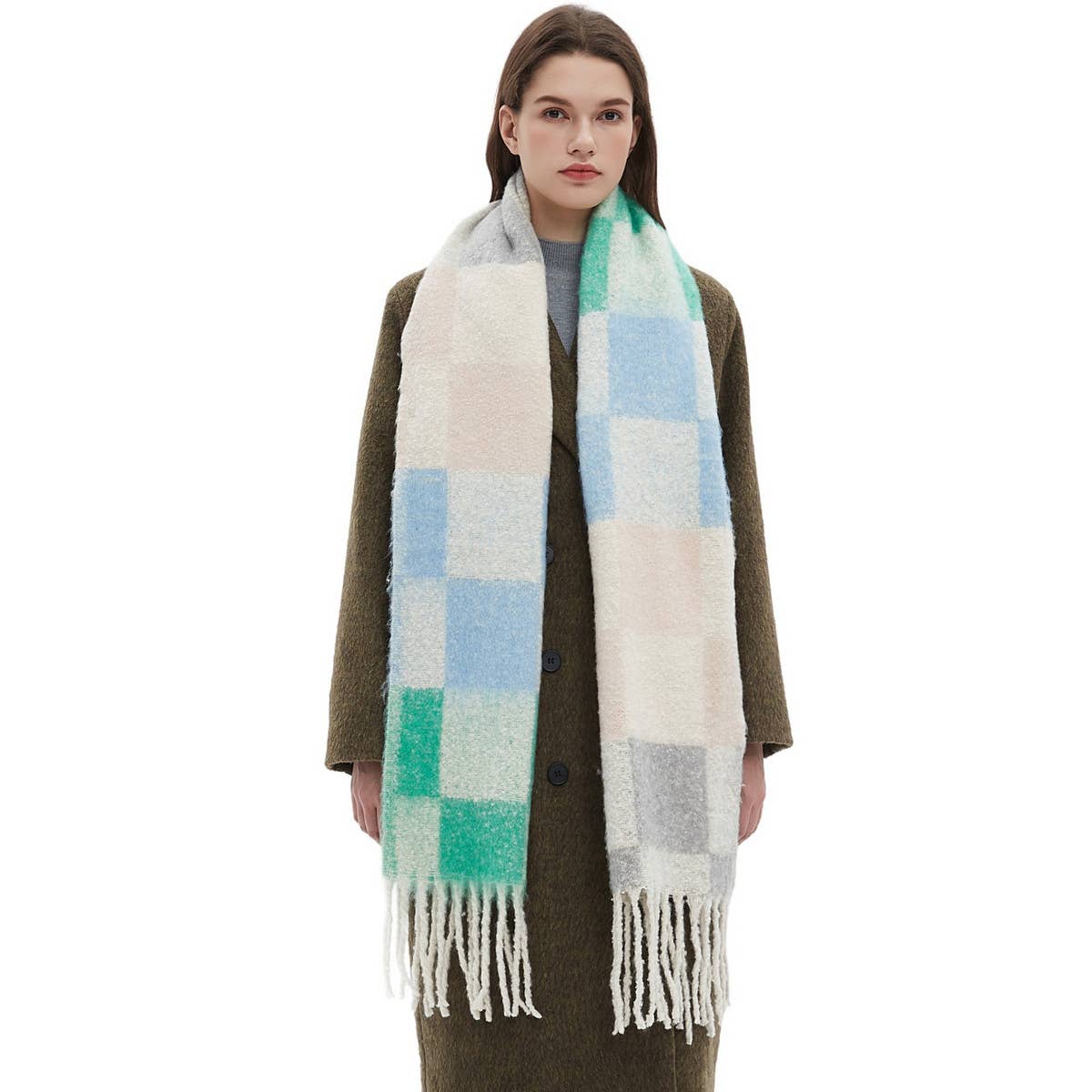 Tassel Circle Yarn Checkered Scarf for Fall/Winter