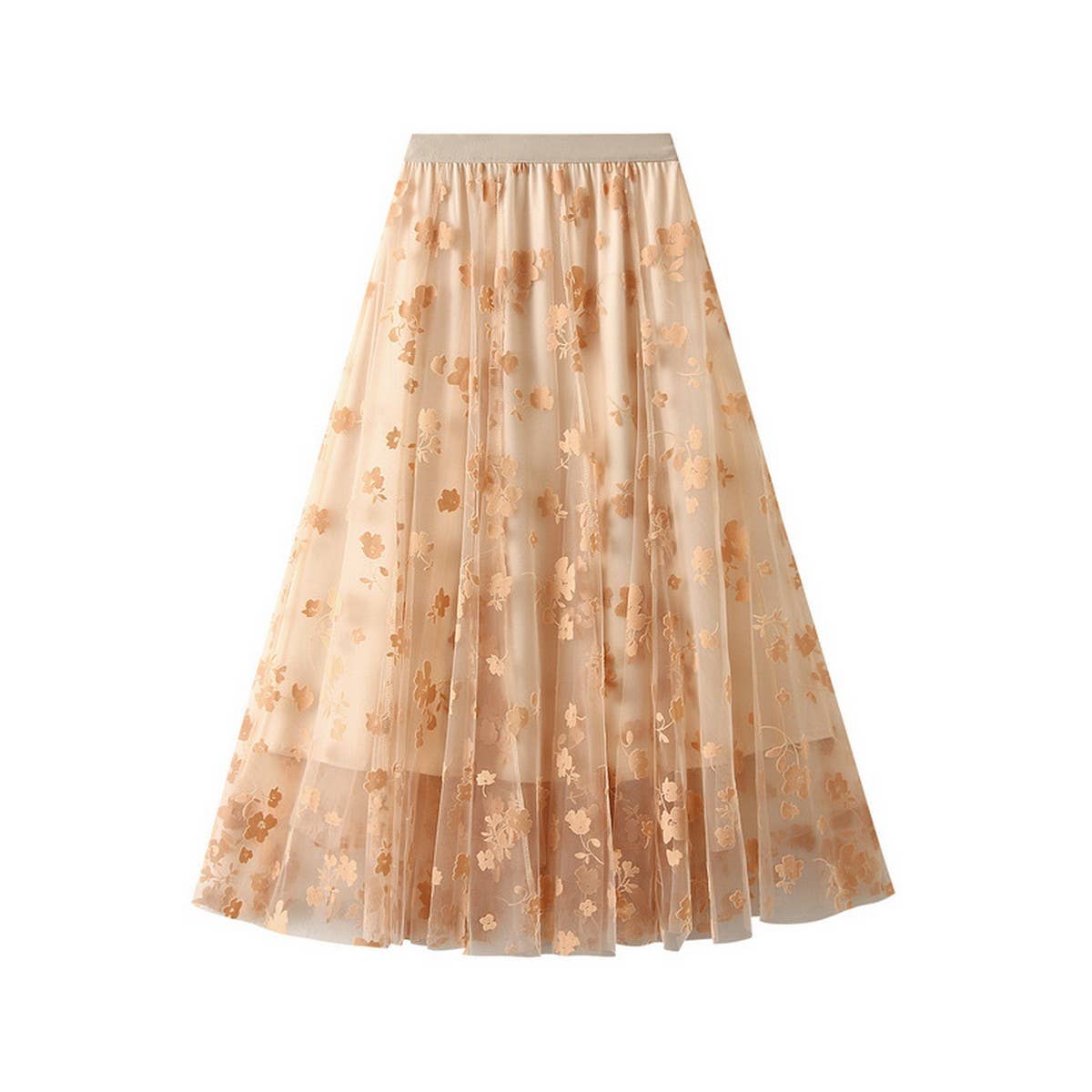FLOCKED TULLE PATCHWORK A LINE FLARED SKIRT_CWBMS0405