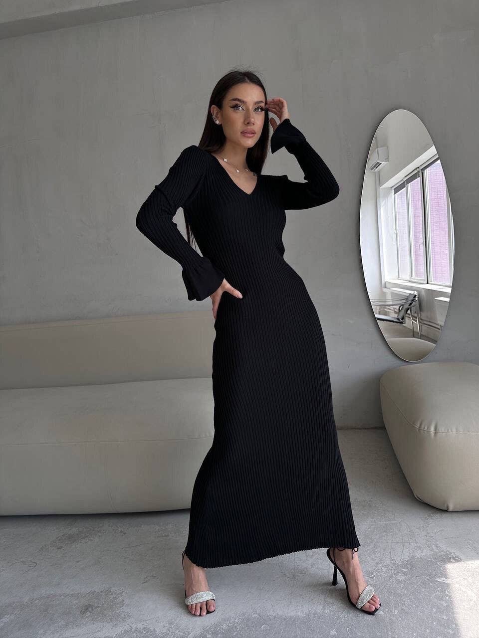 SOLID COLOR PIT WOOL WOVEN V-NECK SWEATER DRESS