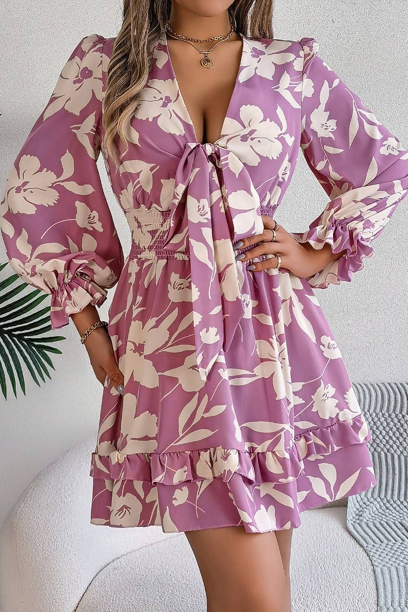 CWDSD6425_DEEP V FLORAL LACE-UP LONG-SLEEVED DRESS SHORT