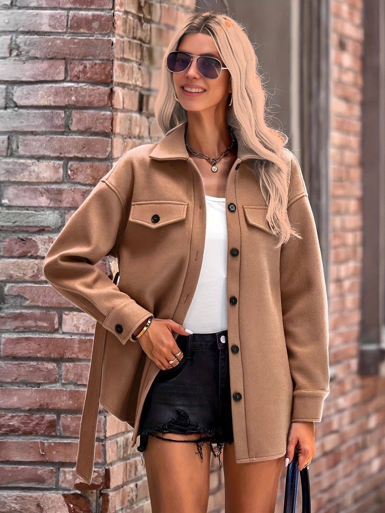 Solid-color lapel single-breasted coat