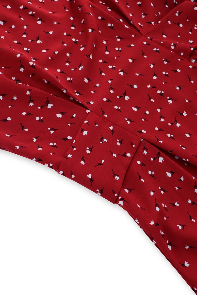 CWDMD3989_SMALL FLORAL ROUND NECK TIE LONG SLEEVE DRESS