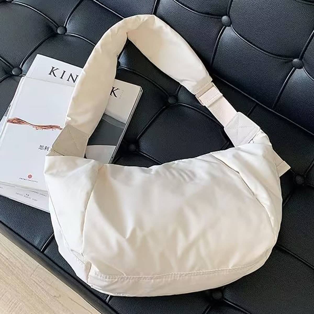 Pleated wide shoulder strap canvas bag