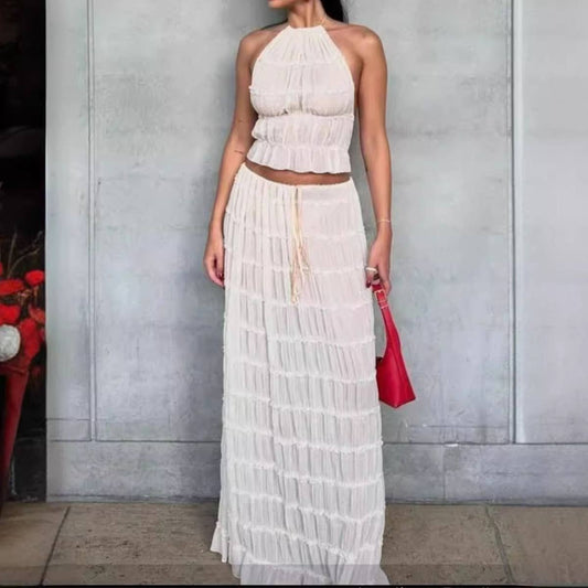 Sexy Backless Halter Lace Trim Cami Maxi Set