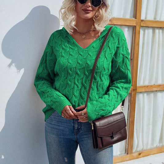 SOLID COLOR V-NECK HOODED VINTAGE TWIST SWEATER