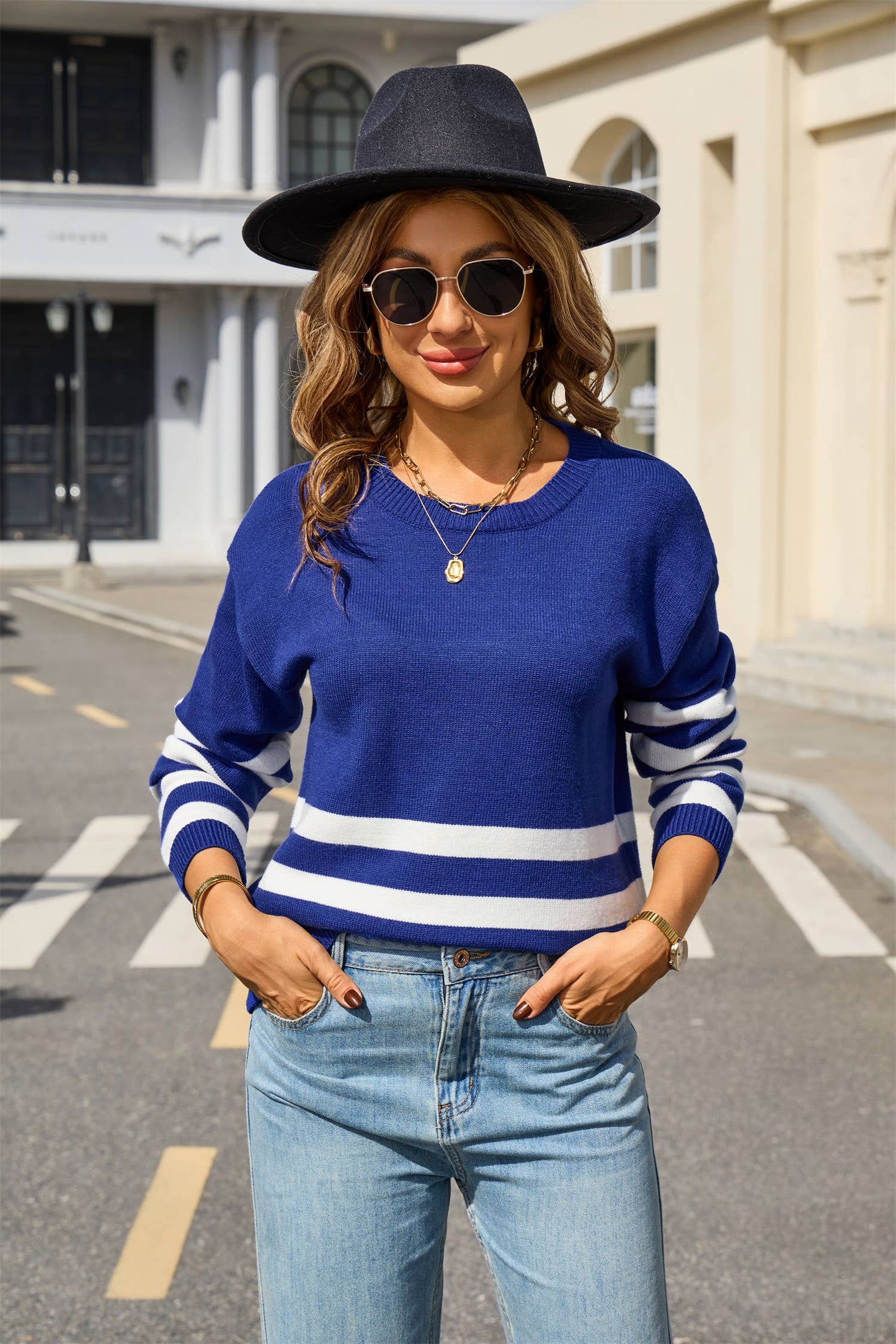 Round-neck, long-sleeved and striped sweater