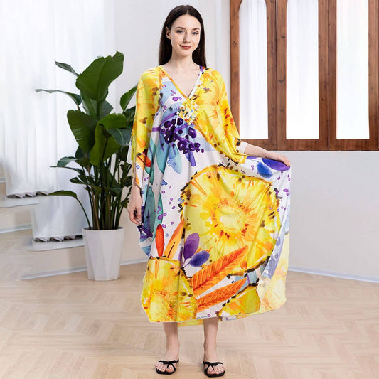 Lemon Print Quick-Dry Beach Cover-Up Robe