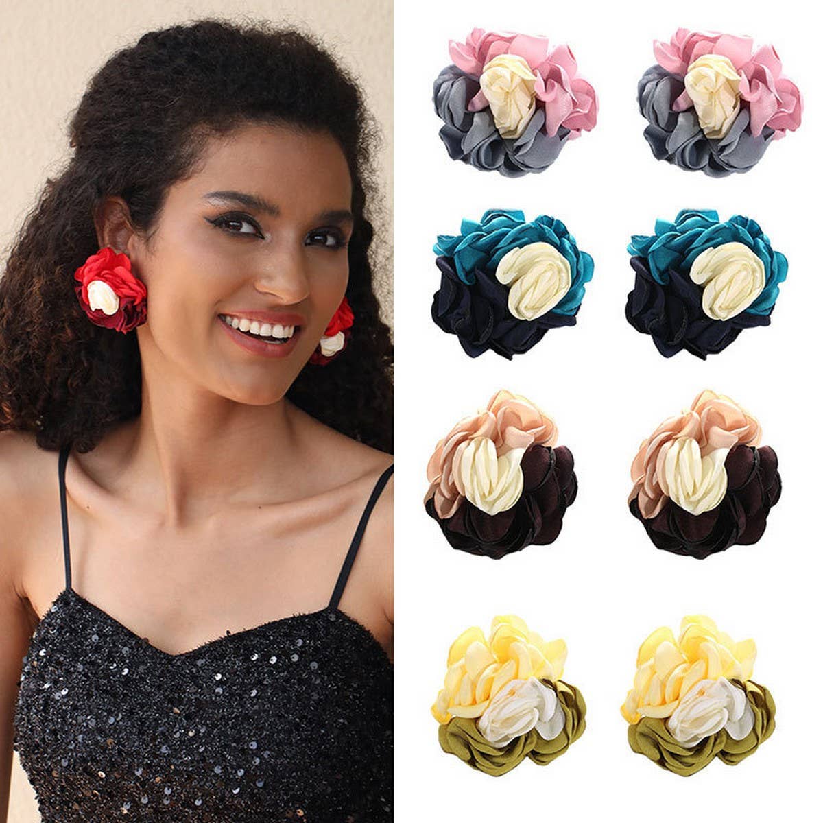 Colorblock Fabric Flower Stud Trendy Earrings