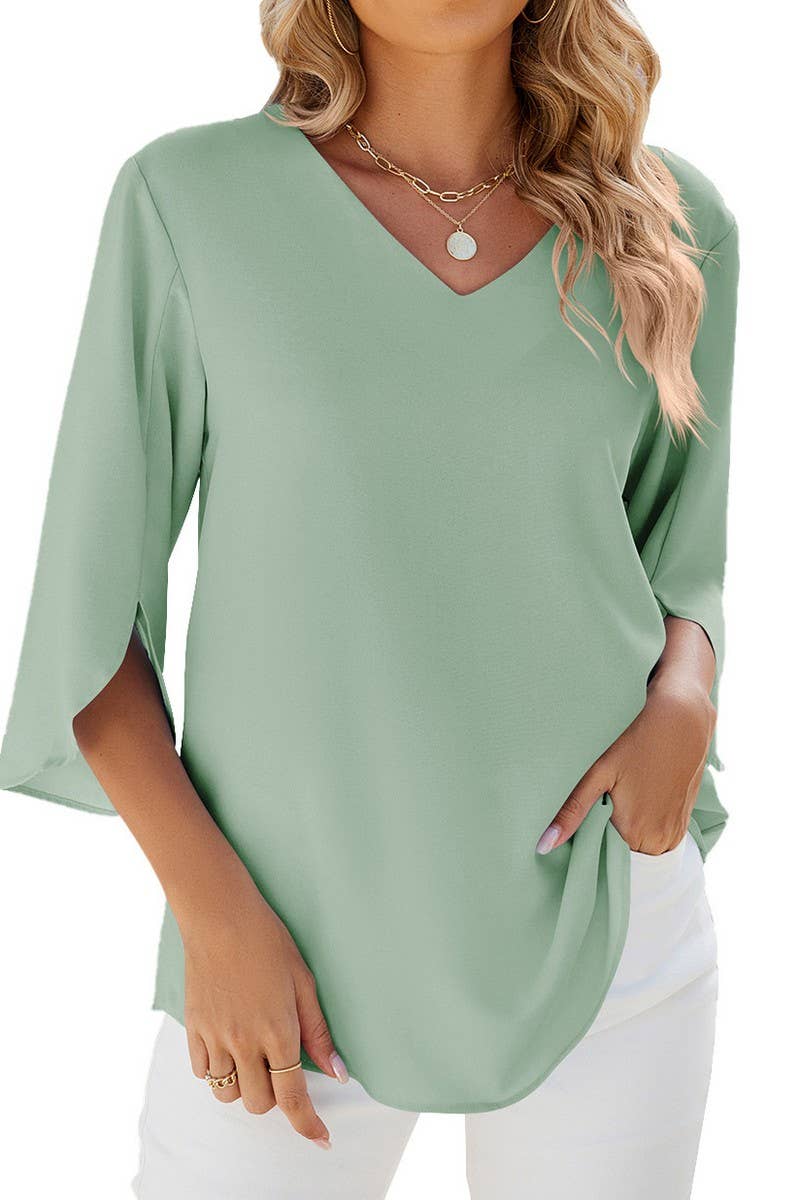 V NECK ICE SILK SOLID COLOR LOOSE CASUAL SHIRT_CWTSTS0184