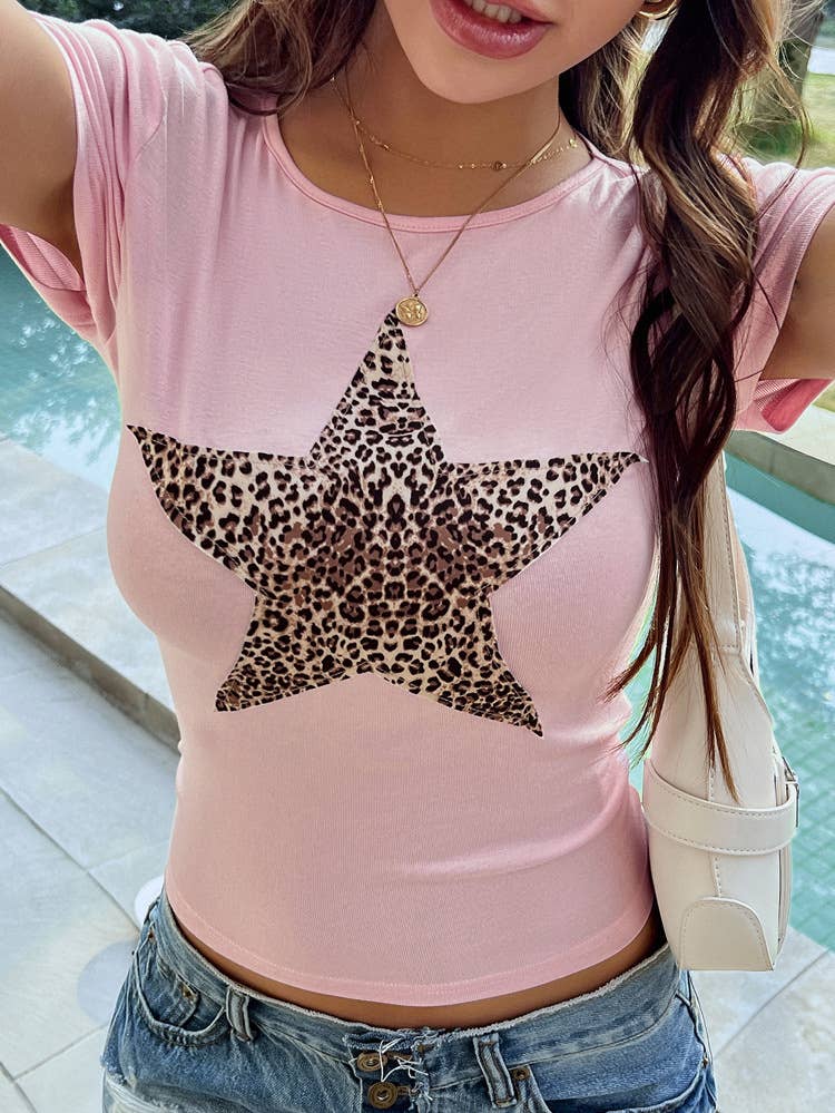 Sexy waisted leopard print round neck T-shirt