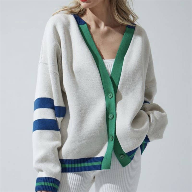 FASHION CONTRAST COLOR CARDIGAN LOOSE SWEATER