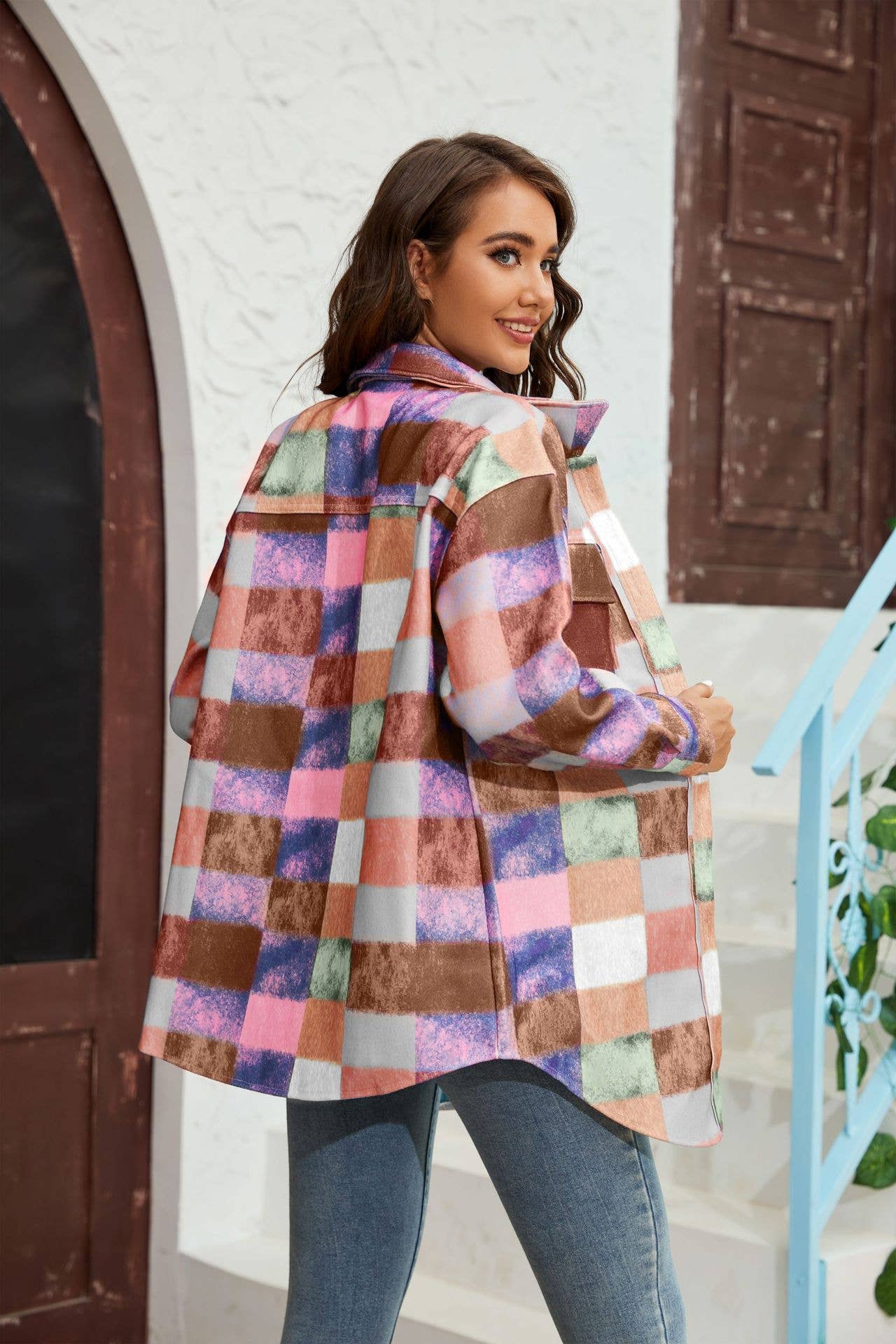 Tweed color-blocked fashionable shirt jacket