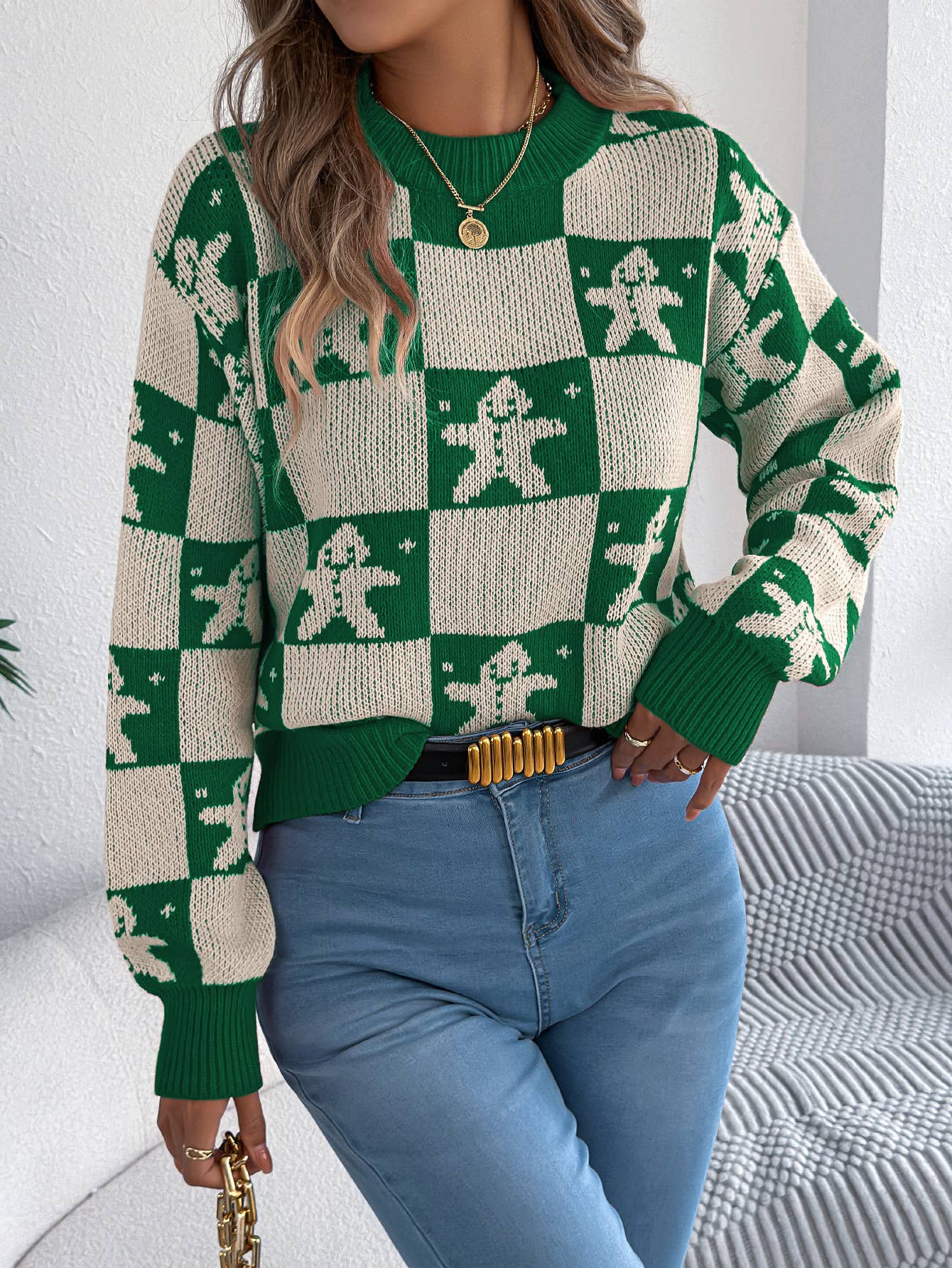 Snowman checkered lantern long-sleeved sweater