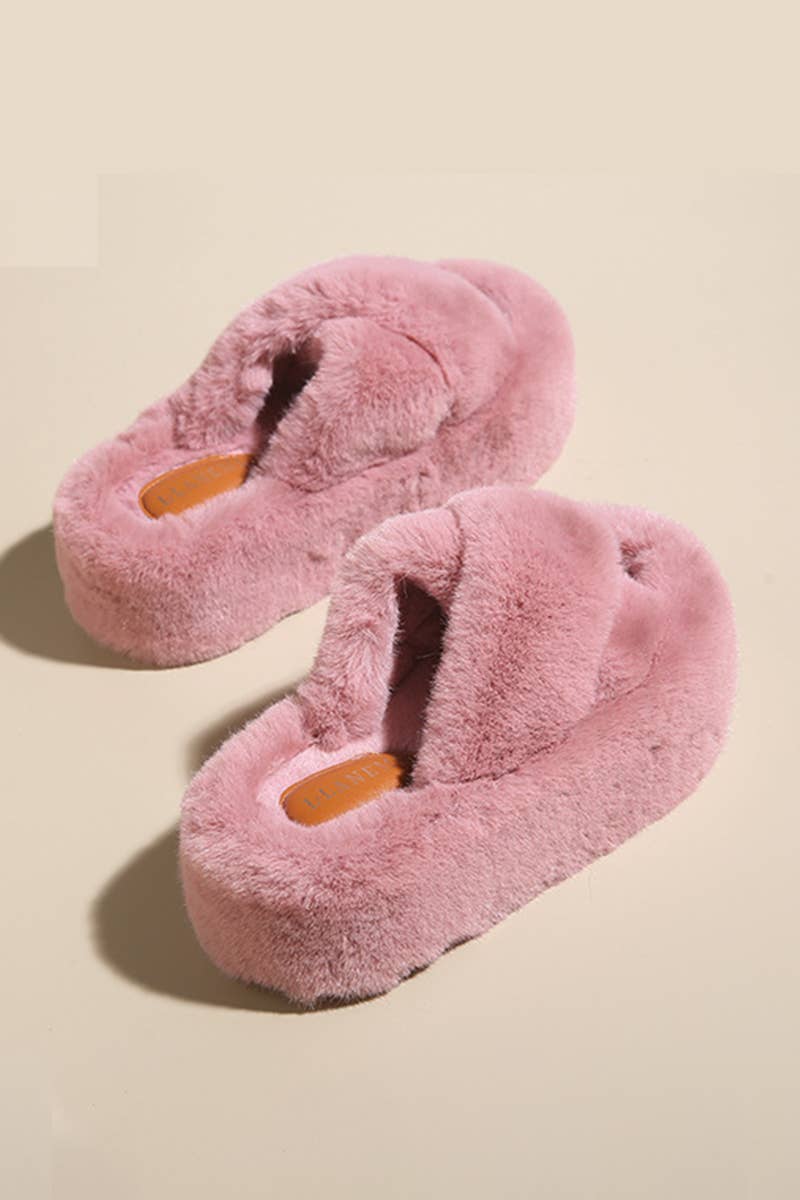 THICK SOLE CROSS STRAP FLUFFY BEDROOM SLIPPERS