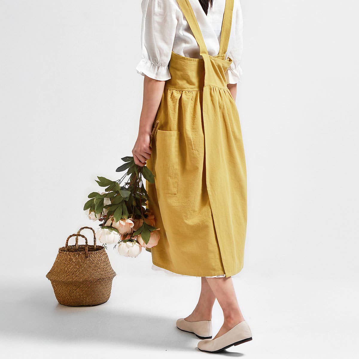 Solid color art cotton linen Aprons with pockets_CWMM3293