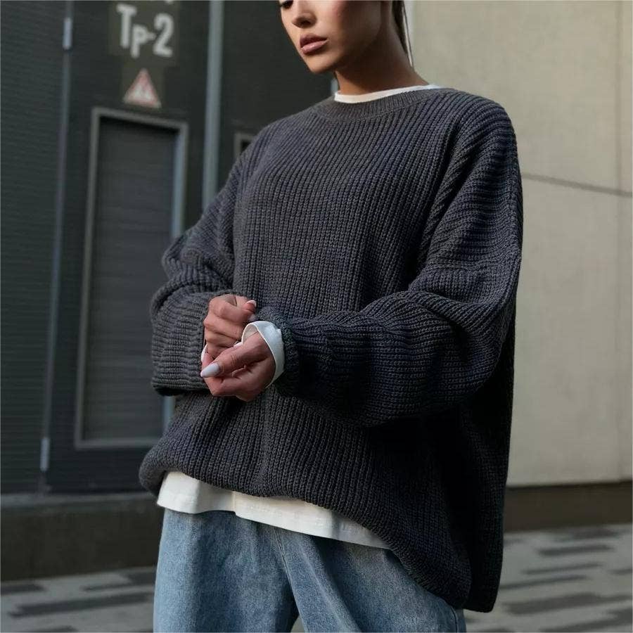 SOLID COLOR CREW NECK LOOSE KNIT SWEATER