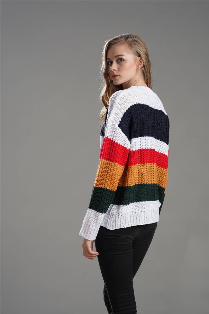 WOMEN'S LOOSE RAINBOW PATCHWORK PULLOVER SWEATER
