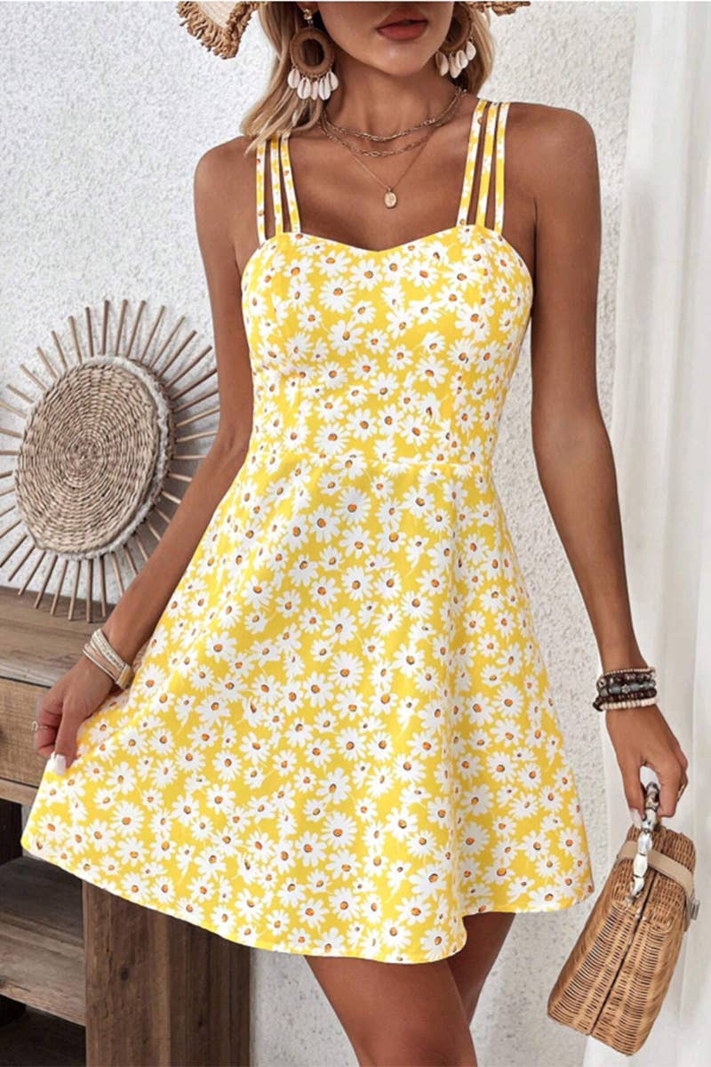Short waistline yellow floral print halter dress