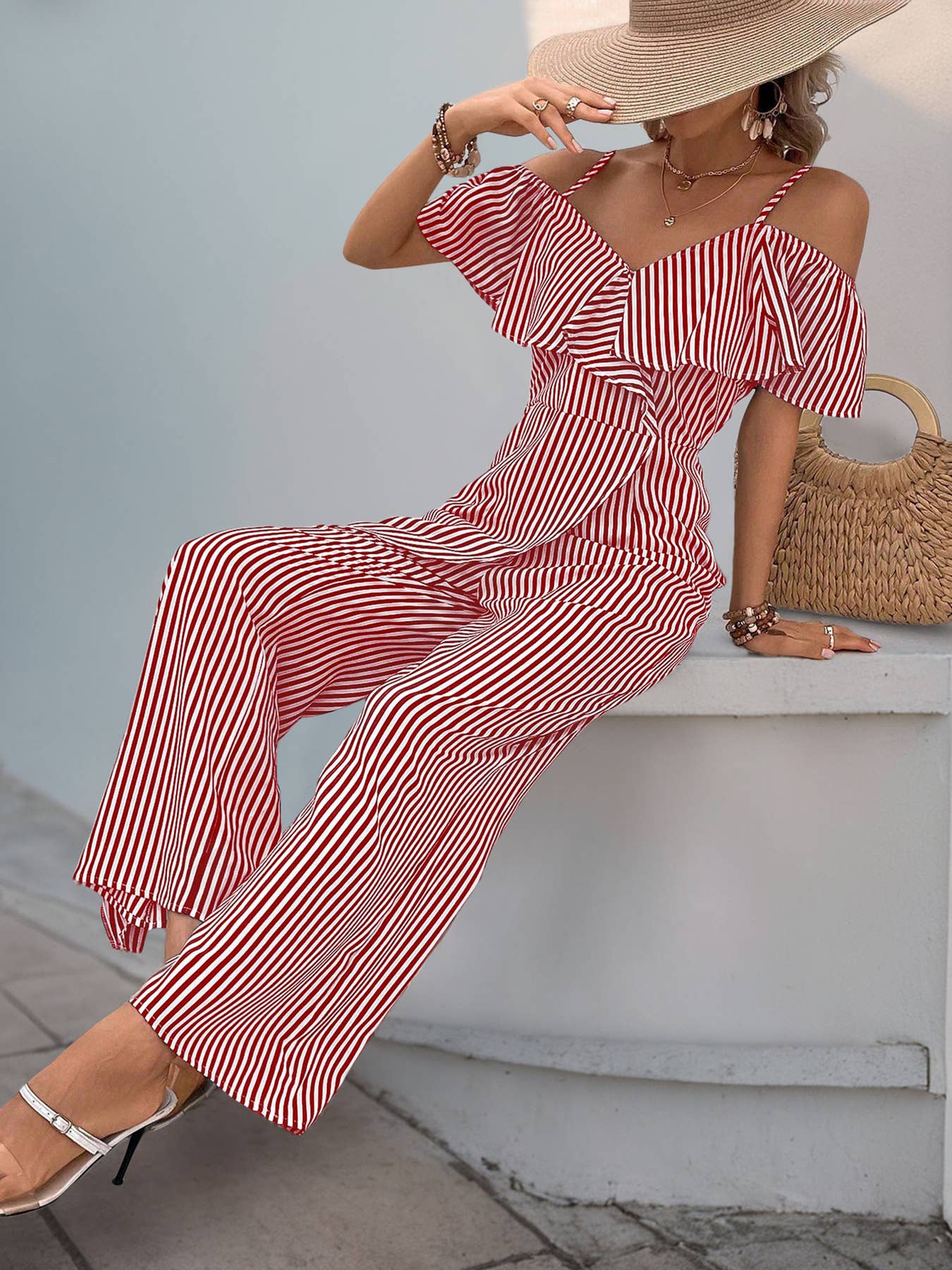 Long, wide-leg rompers with striped straps