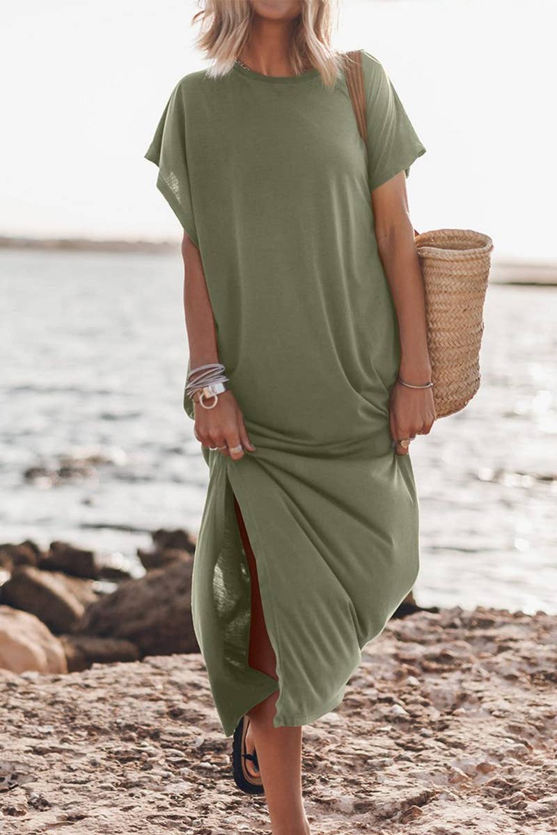 CWDMD4867_ROUND NECK CASUAL LOOSE SLIT SIDE LONG BEACH DRESS
