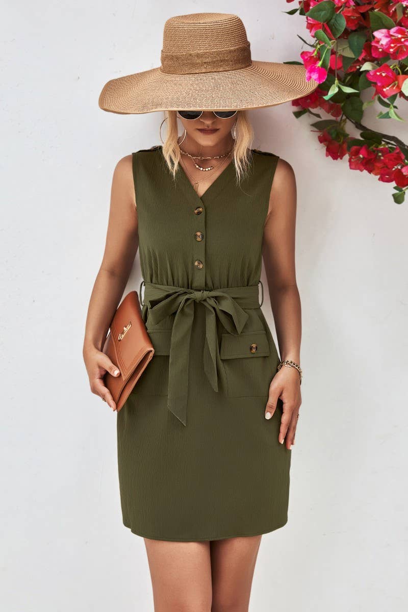 SLEEVELESS V NECK BUTTON UP DRESS_CWDSD2641