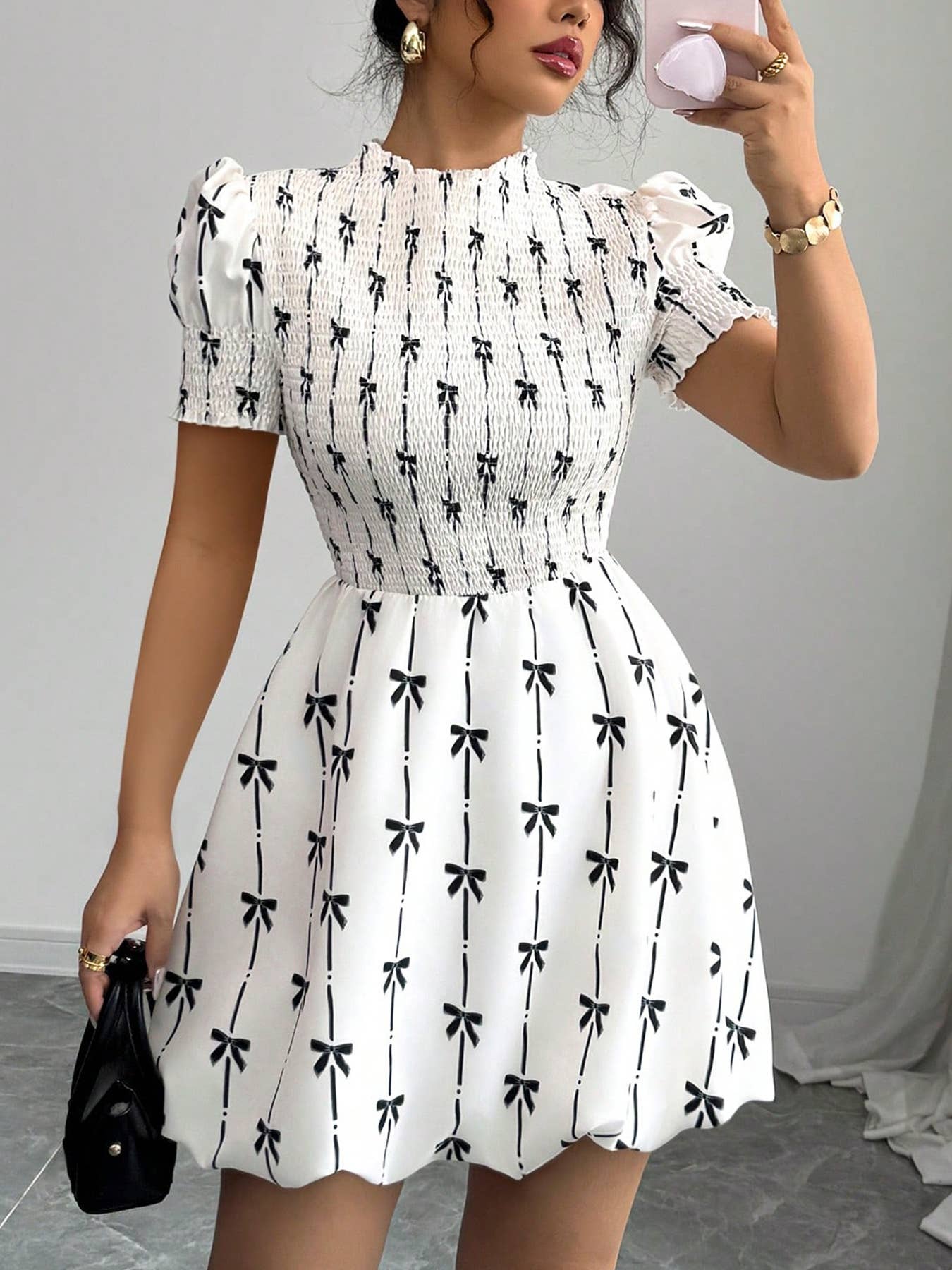 Waist-cinching bow printed flower bud dress