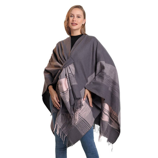 FRINGED CAPE FIXED TIE SHAWL FAUX CASHMERE SCARF