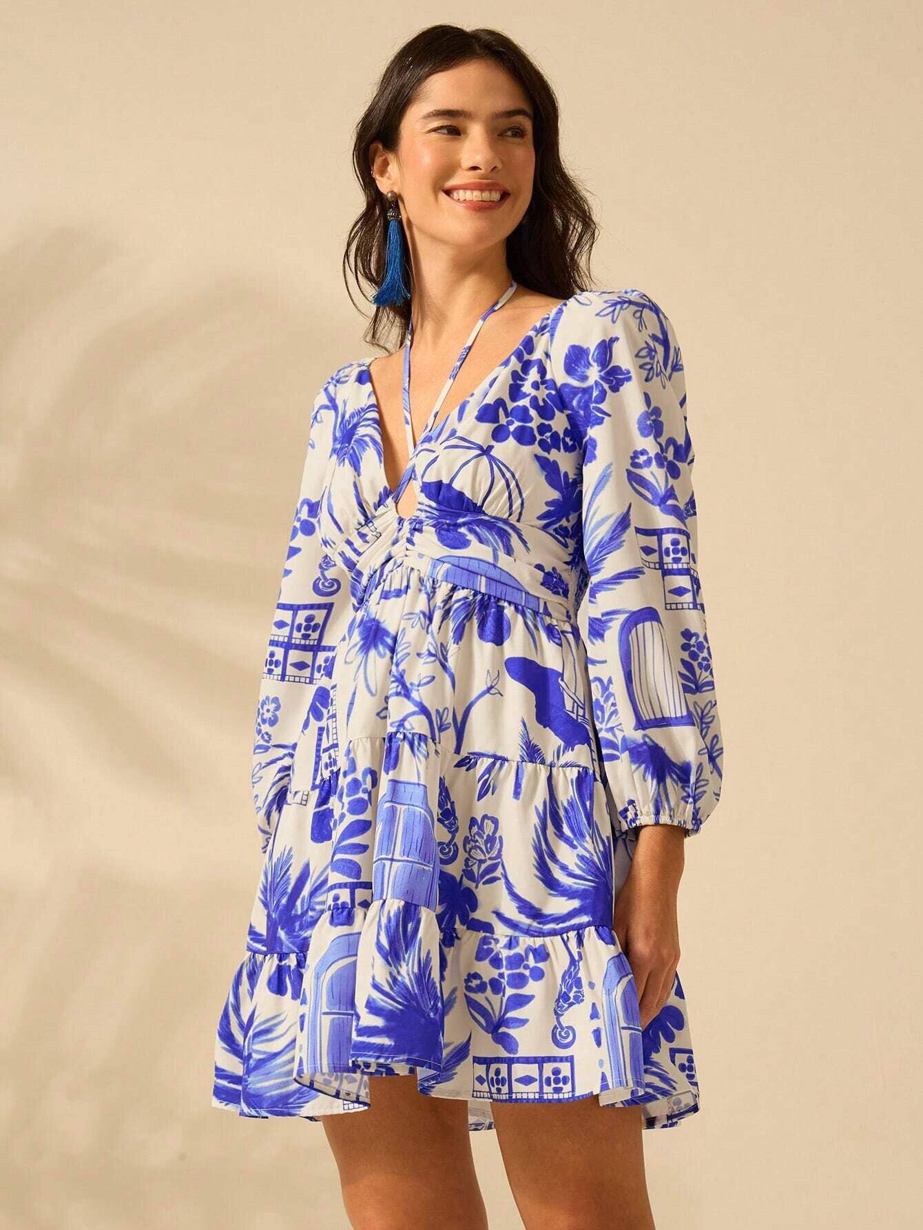 V-neck cinched waist lantern sleeve lace-up dress