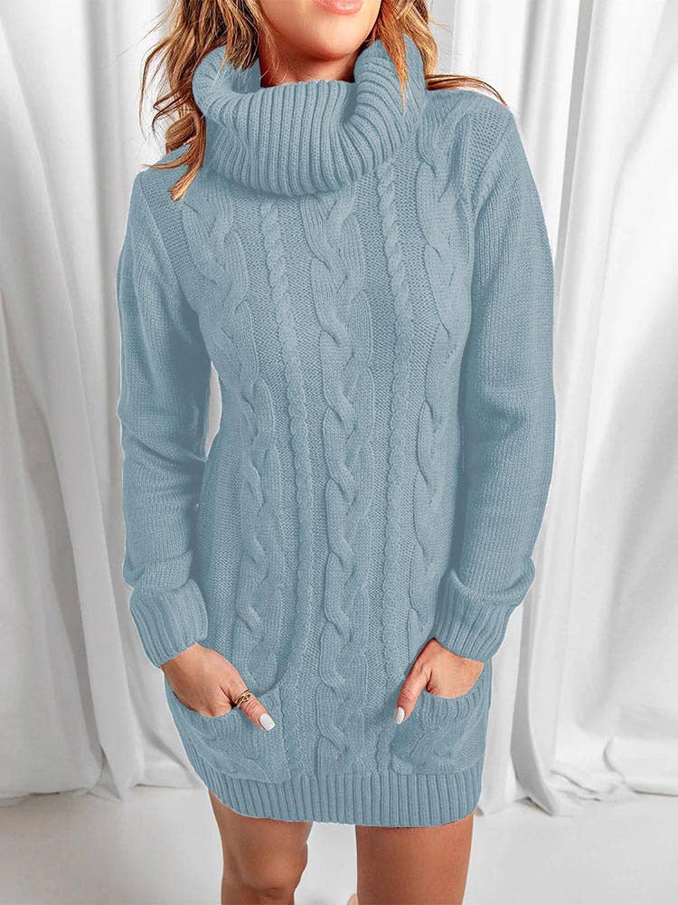 TURTLENECK SOLID COLOR CREW-NECK SWEATER DRESS