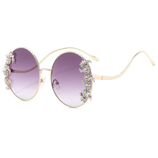 Luxury Rhinestone Wave Metal Leg Round Sunglasses