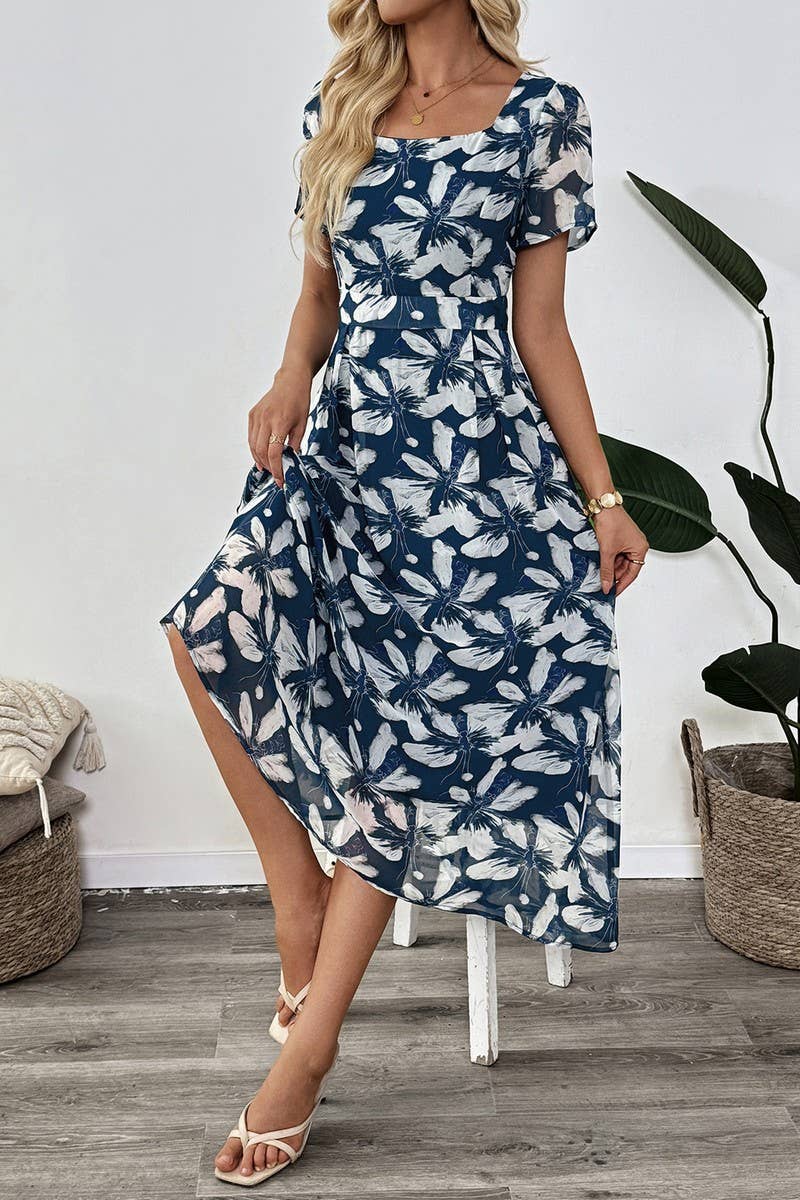 CWDMD5796_VINTAGE FLORAL SQUARE NECK WAISTED DRESS