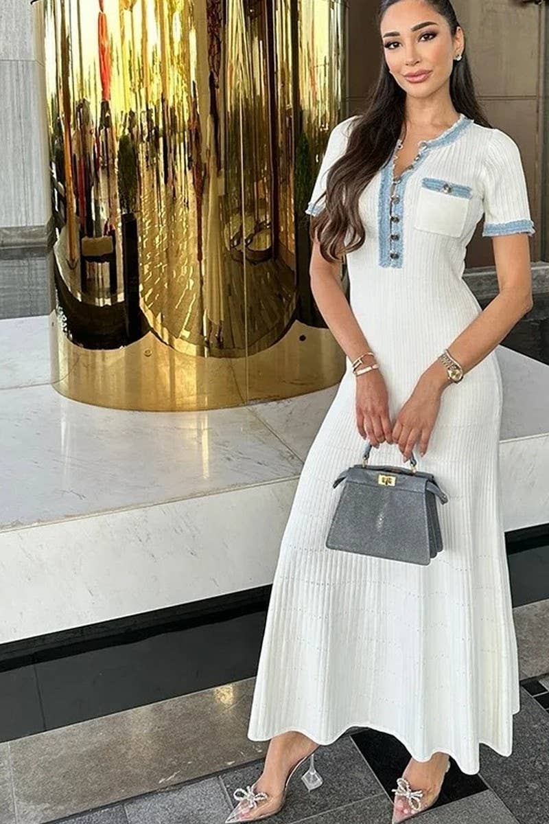 CWDMD4141_DENIM PATCHWORK KNITTED SHORT-SLEEVED DRESS