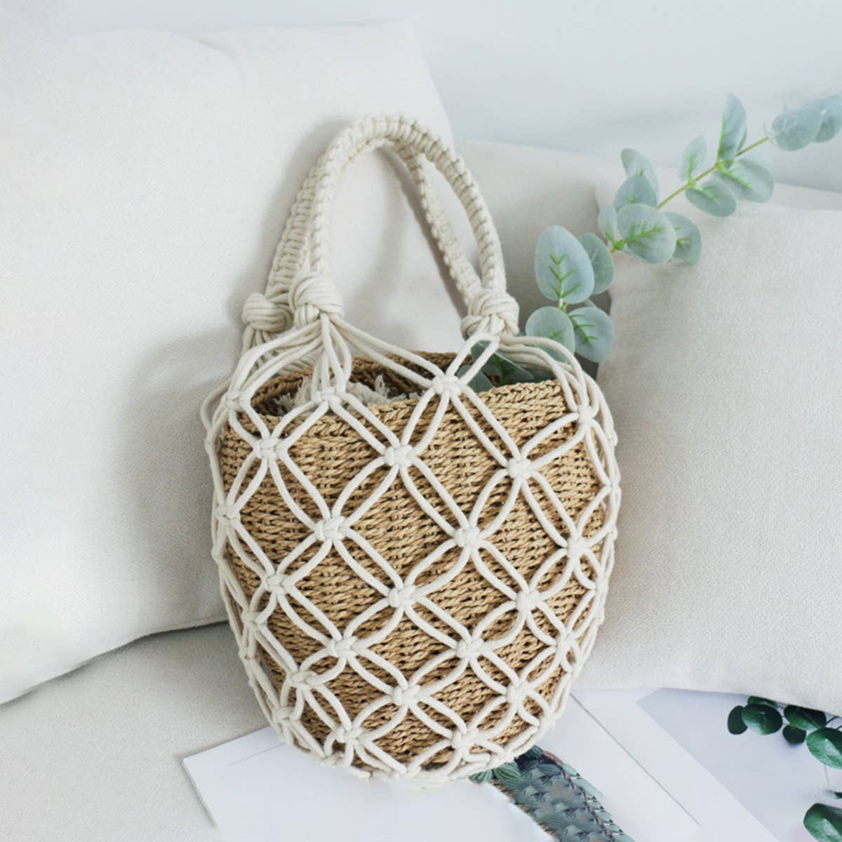 WOMEN  STRAW RATTAN BEACH BUCKET BAG_CWAB0827