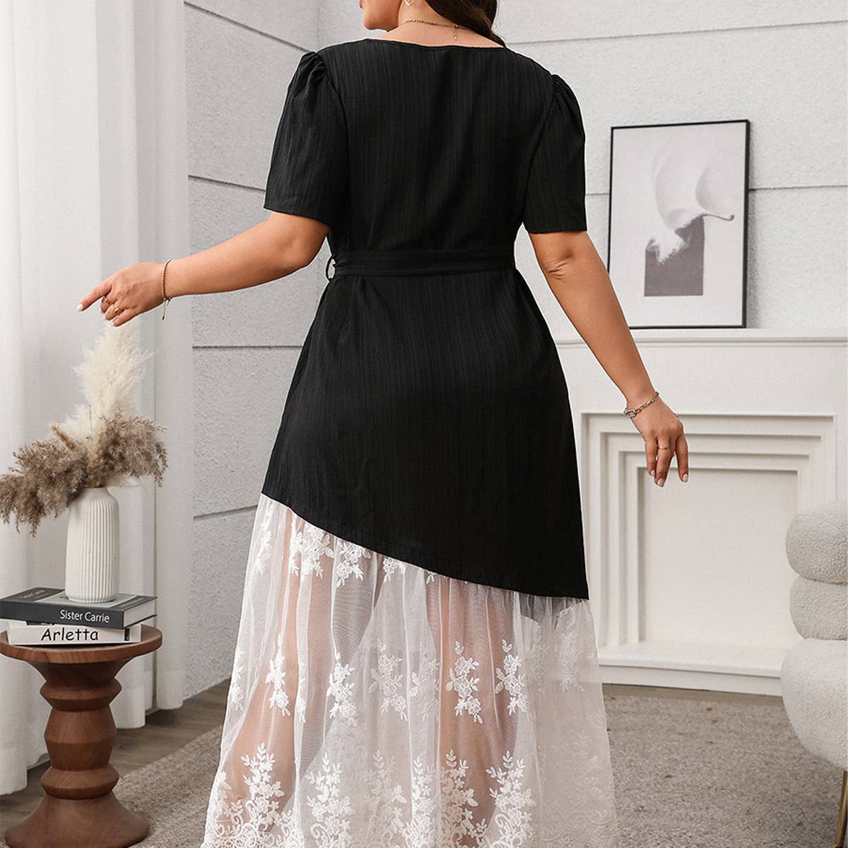 French Lace Panel Tie Waist Loose Dress