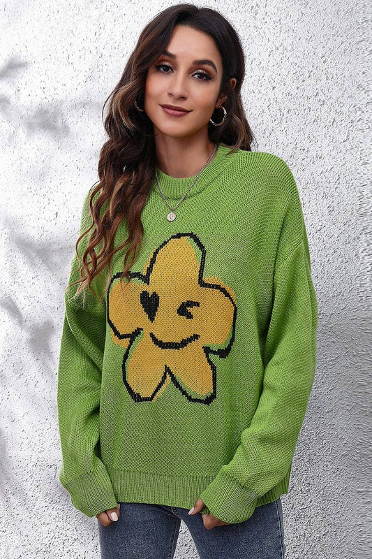 Cwoswl4070_Flower Smiley Face Jacquard Knit Sweater