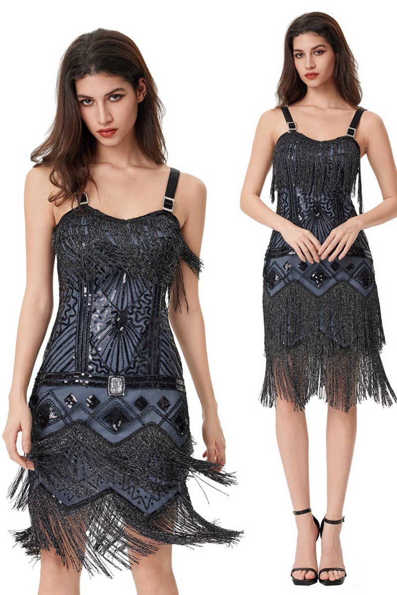 CWDHL1050_PARTY DANCE FASHION BEADED SEQUINED TASSEL DRESS