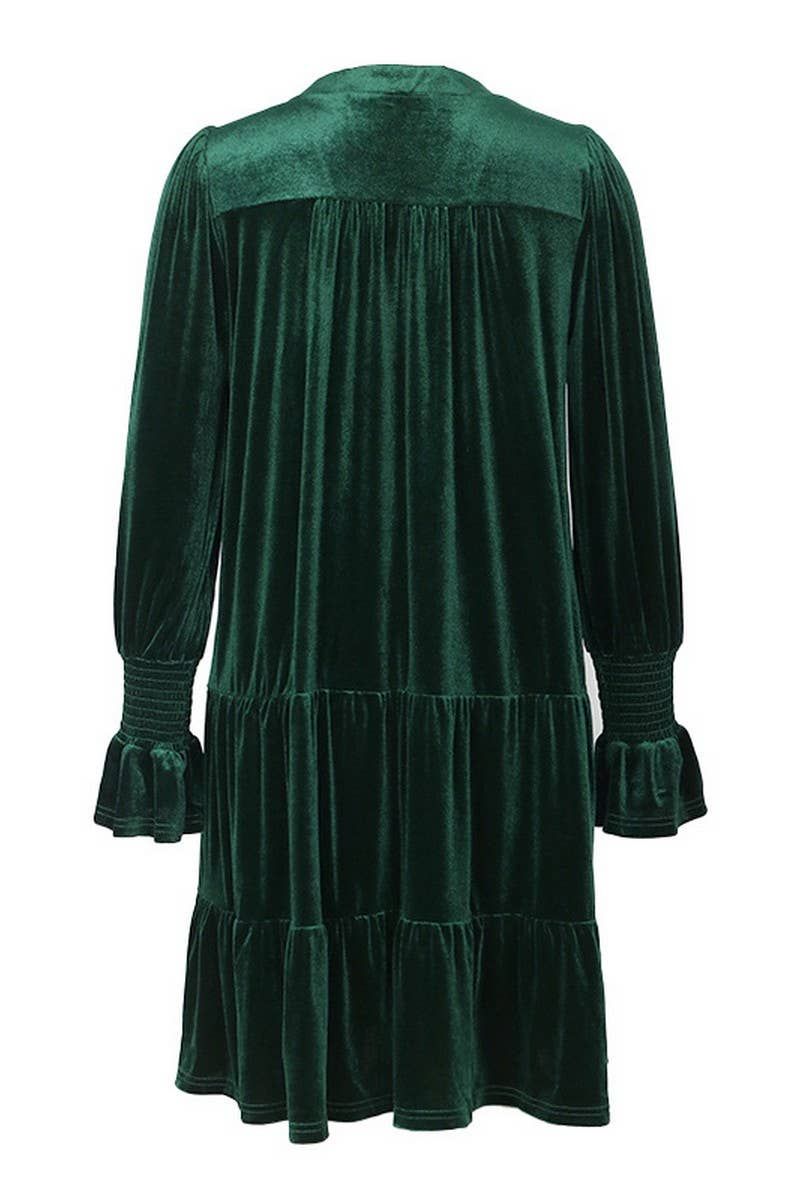 CWDMD3552_V-NECK LONG-SLEEVED SOLID COLOR VELVET DRESS