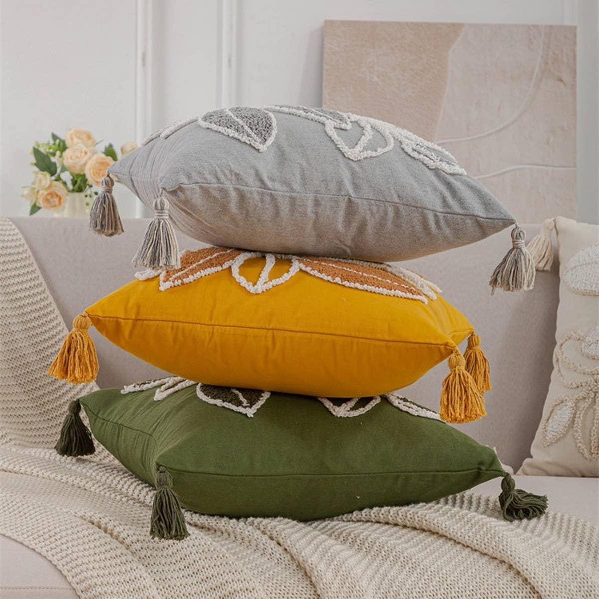 Boho Leaf Tufted Pillow Cover for Sofa Decor_CWMM7691
