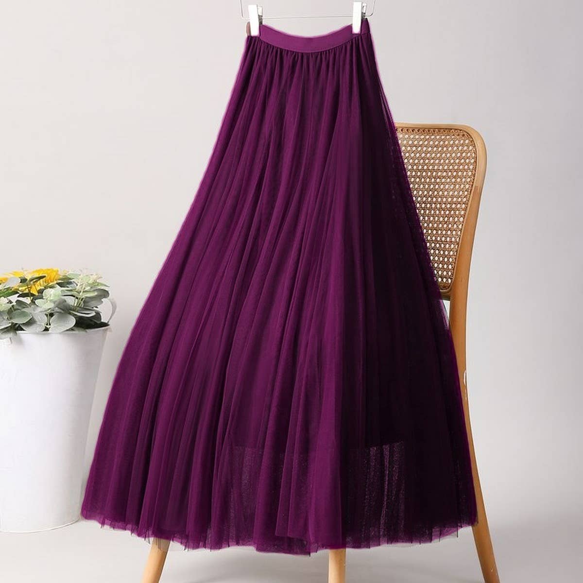 SOLID COLOR ELASTIC-WAIST MESH TULLE A-LINE SKIRT_CWBLS0372