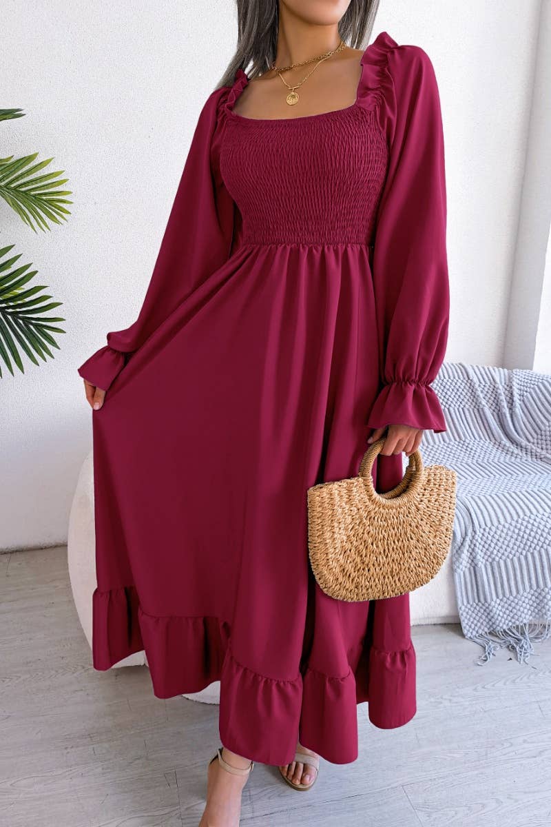 CWDMD2663_RUFFLED DRESS WITH SQUARE COLLAR FLARED SLEEVES