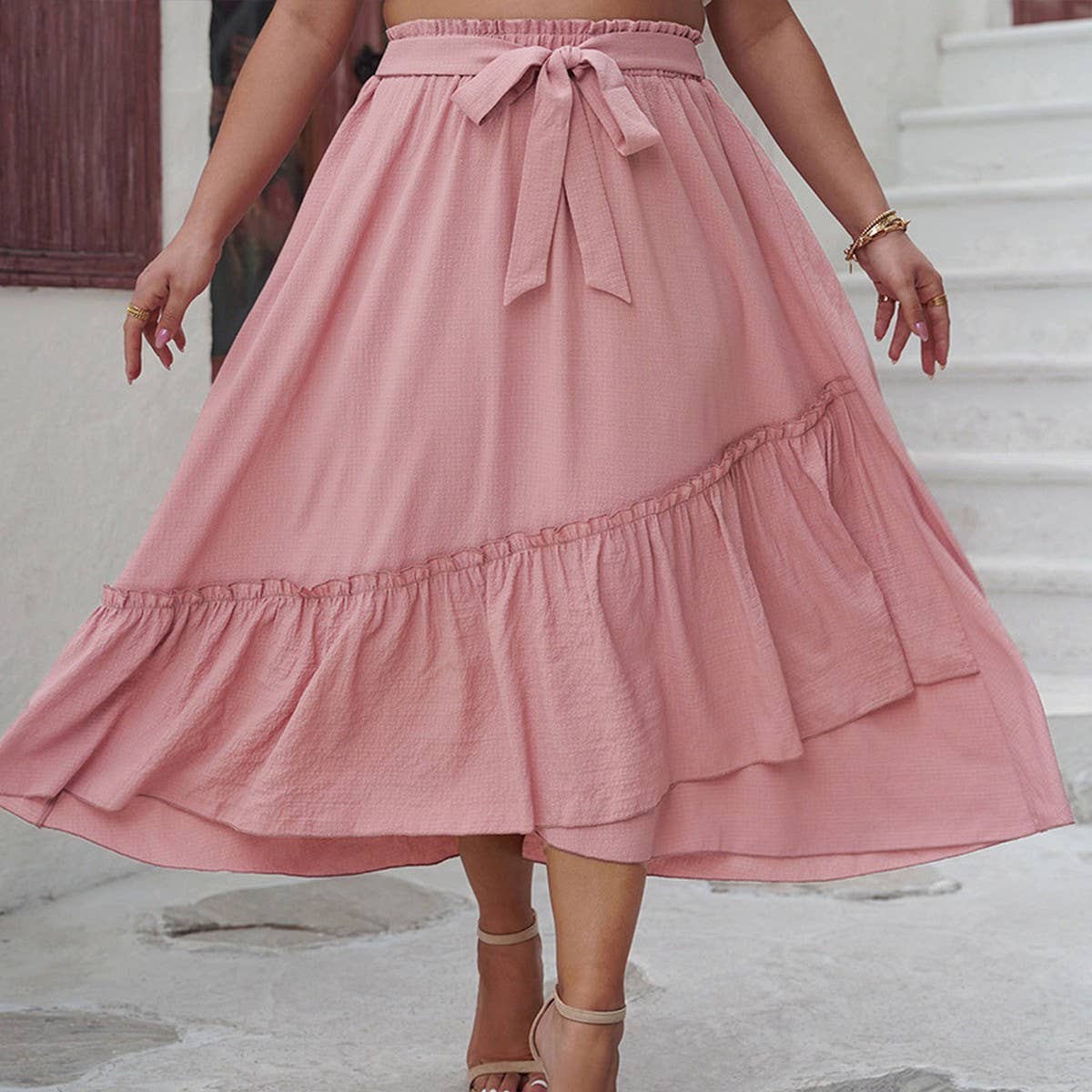 PLUS-SIZE CASUAL LACEUP PATCHWORK WRINKLE SKIRT_CWBMS0097