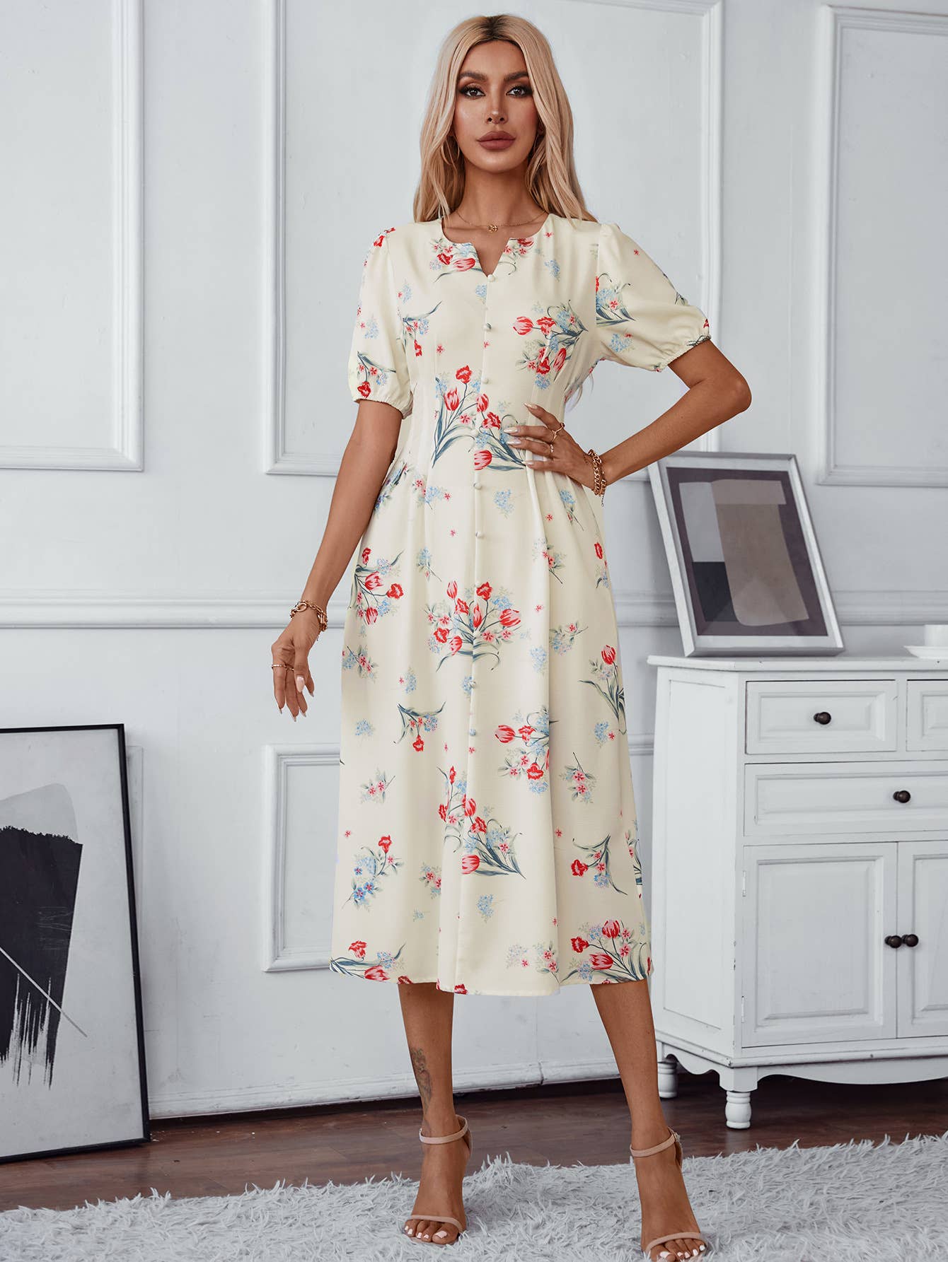 NOTCHED V-NECK ELEGANT PRINTED SHORT SLEEVE DRESS