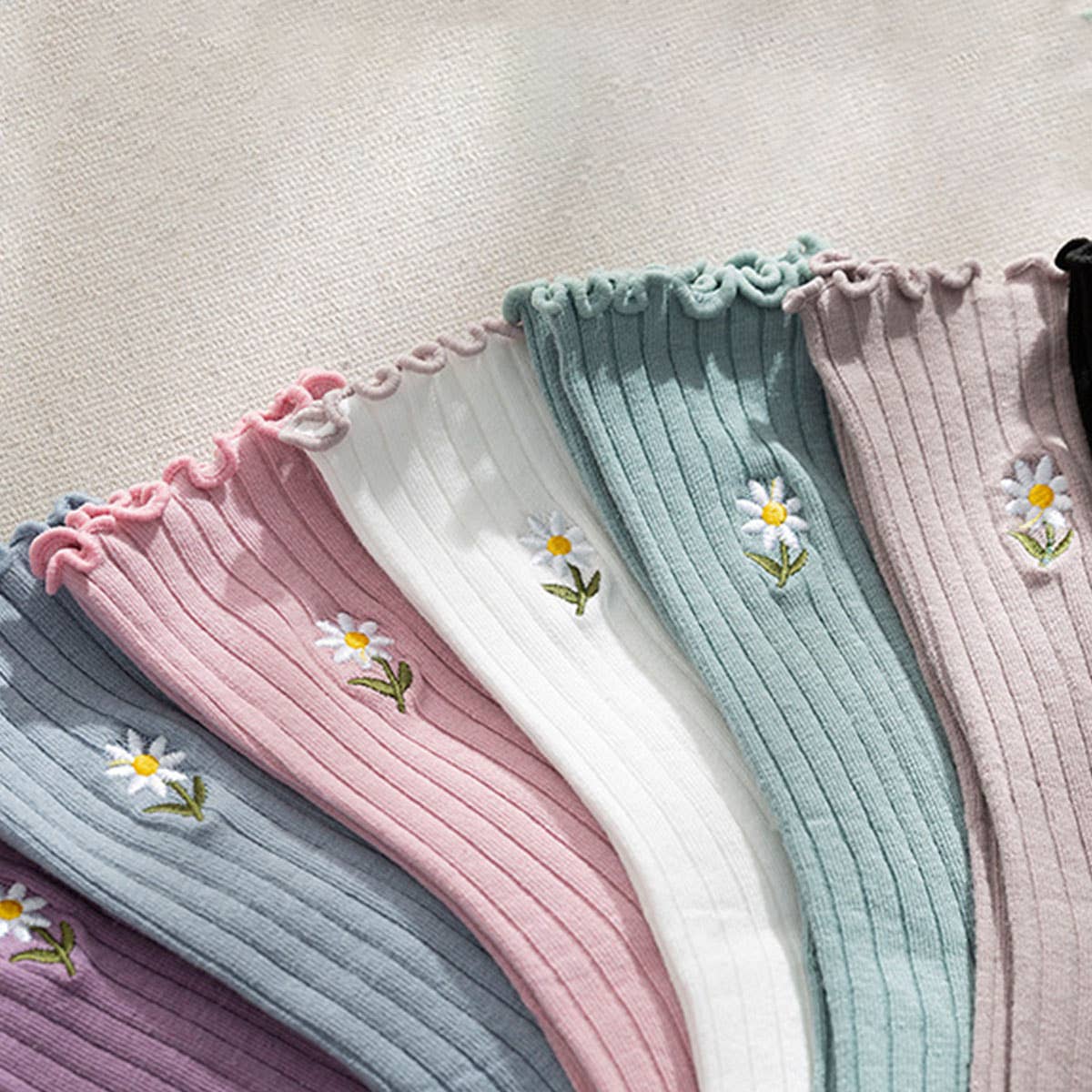 Flower Embroidery Crew Ruffle Socks Women