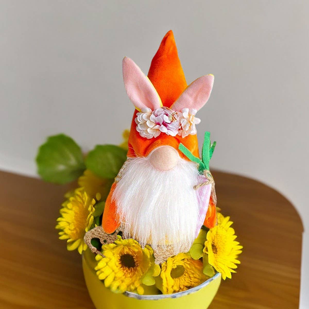 EASTER BUNNY GNOME HOLDING A BOUQUET OF FLOWERS