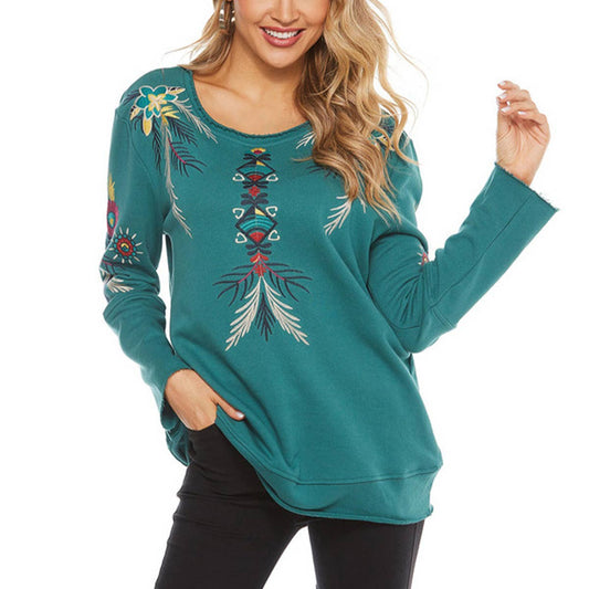 STYLISH CREW NECK PULLOVER EMBROIDERED TOP