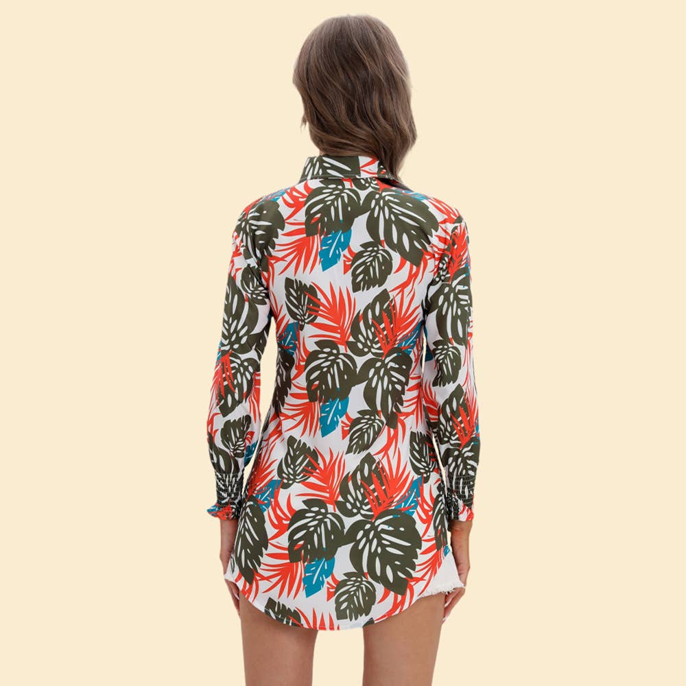 Printed long-sleeved shirt with lapel wrap_cwtbll0928