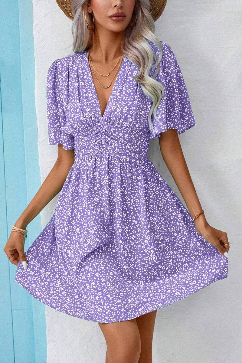 CWDSD7524_SUMMER V-NECK HIGH WAIST FLORAL PLEATED DRESS